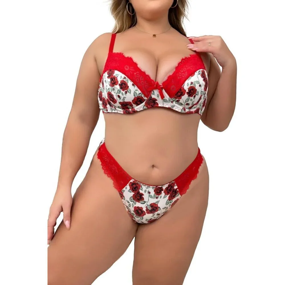 WOMEN'S Red Floral Sexy Lace Push Up Bra & Babydoll Nightwear Lingerie Set